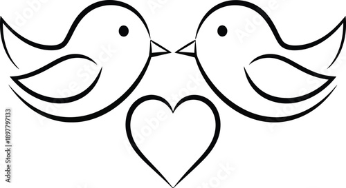 Two Love Birds Kissing Heart, Valentine's Day Romance, Cute Romantic Illustration
