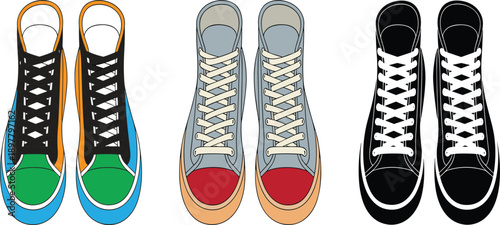 Colorful sneakers shoes set in different styles showing casual fashion footwear collection isolated on white background flat vector illustration