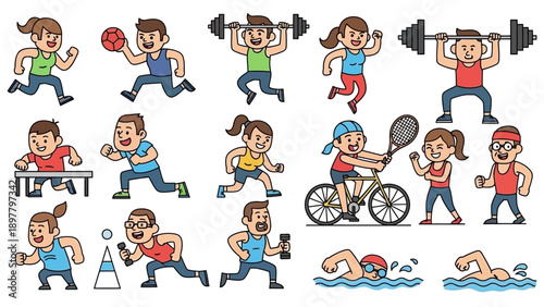 A collection of cartoon characters engaged in various sports and fitness activities like running, cycling, swimming, weightlifting, and ball games.
