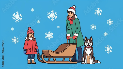 A mother and child with their dog and a sled in a snowy winter scene with falling snowflakes.