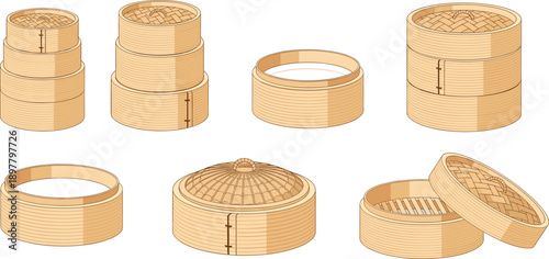 Set of Bamboo Steamer Baskets in Different Positions for Asian Cooking Dumplings Dim Sum and Kitchen Utensil Illustration Vector