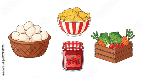 Assorted fresh food items including eggs chips jam and vegetables