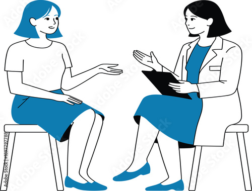 Doctor consultation illustration showing female patient talking with woman physician during medical checkup or therapy session in clinic