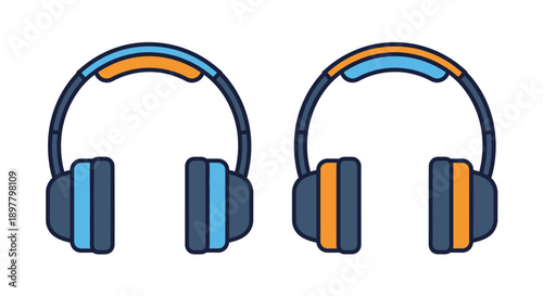 Two pairs of colorful over ear headphones are displayed side by side