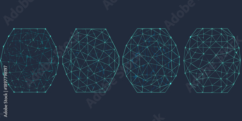 Four geometric vases constructed from interconnected glowing lines