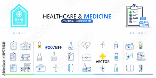 Healthcare and medicine icons set with hospital doctor and related symbols