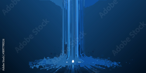 A digital illustration of an underwater cave with light filtering down