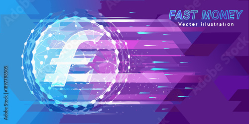 A glowing euro sign sphere with abstract lines and a fast money text overlay