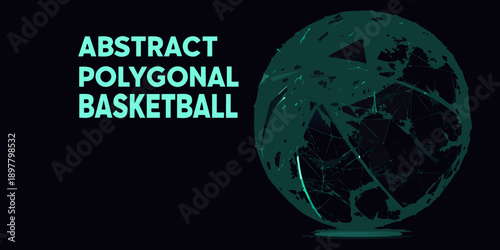 Abstract polygonal basketball design with dark background and bold text