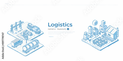 Isometric logistics illustration depicting transportation and warehousing infrastructure