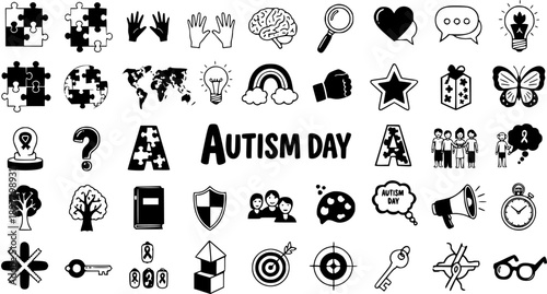 Autism Awareness Day Glyph Icons Set. Monochrome Line Art Symbols for Healthcare, Education, Neurodiversity, and Support.