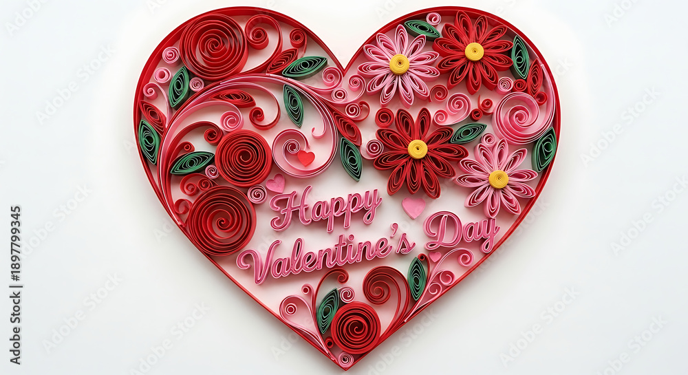 Fototapeta premium A beautiful quilled paper heart with flowers and Happy Valentine's Day message