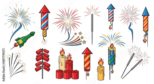 A vibrant collection of various fireworks, sparklers, firecrackers, and candles, perfect for celebrations and festive occasions.