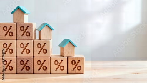 Stacked Percentage Blocks With Small House Icons Illustrating Rising Mortgage Rates and Costs