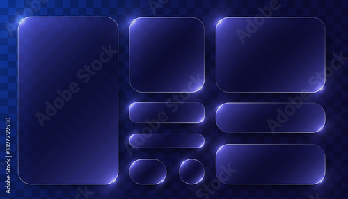 Trendy Transparent Glassmorphism Glass Elements with Liquid Morphism Effect for Ui UX Design and Modern Interfaces. Rounded Rectangles, Circles and Buttons with Frosted Blur Overlay. Glass Morphism