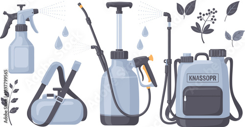 Garden Sprayer Equipment Set with Hand Pump Pressure Tank Backpack Pesticide Bottle and Water Spray Tools for Plant Care Vector Illustration