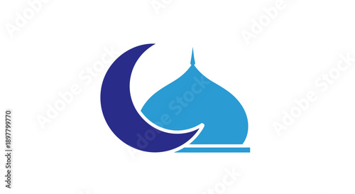 Blue crescent moon and mosque silhouette vector for ramadan kareem celebration design element religious icon isolated on white background for muslim holiday marketing projects