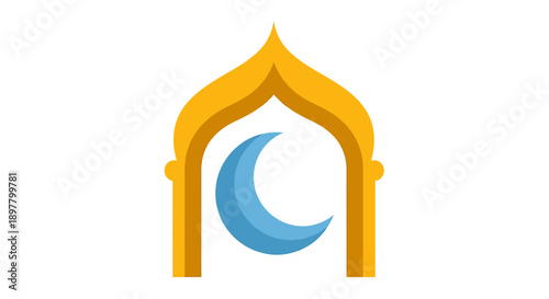 Golden Islamic arch frame with blue crescent moon, architectural motif, decorative element, cultural design, minimalist vector art, symbol of Islam