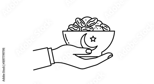 hand holding dates bowl with islamic crescent moon and star symbol line art drawing vector illustration design for ramadan kareem celebration