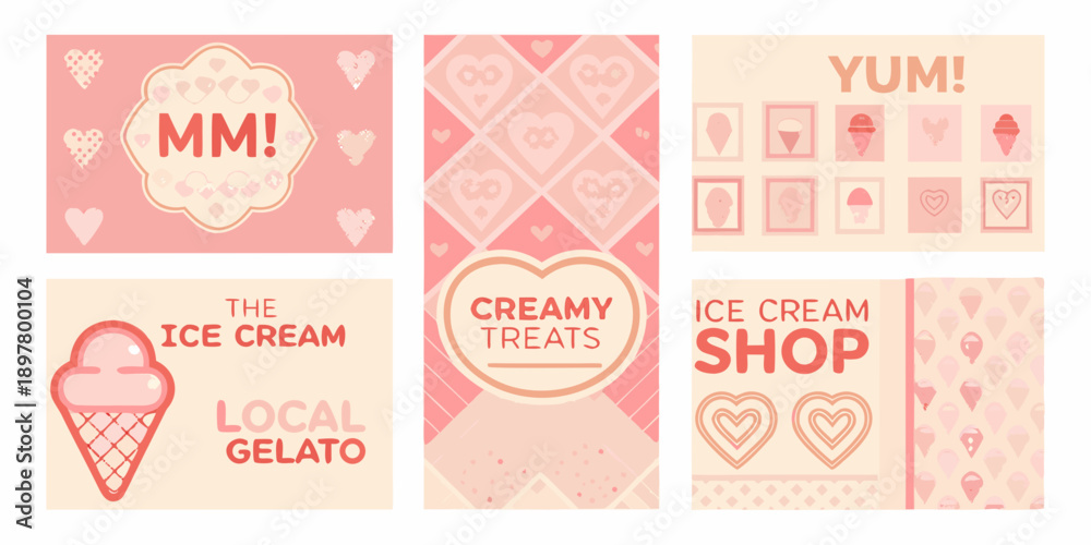Naklejka premium A collection of cute pink themed ice cream shop promotional cards