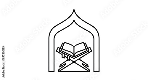 Holy Quran book open on stand within Islamic arch, religious symbol, sacred text, abstract outline graphic for Muslim culture and study.