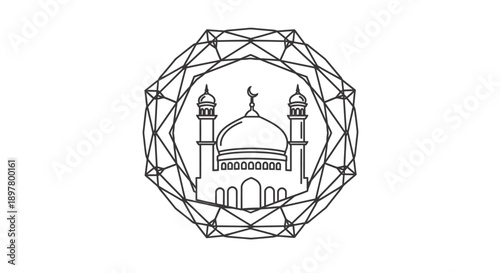 Mosque silhouette with minarets and dome inside an intricate geometric polygon frame vector illustration of islamic worship place
