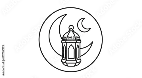 Ramadan lantern with crescent moon inside a circular frame vector illustration depicting islamic holy month and celebration
