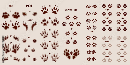 An assortment of animal footprints and paw prints in brown tones