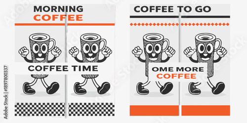 Stylized coffee cup illustrations with playful text and checkered backgrounds