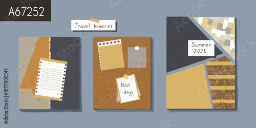 Collage of travel themed notebooks and notes with geometric backgrounds