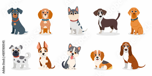 Colorful cartoon illustration featuring a diverse collection of puppy breeds