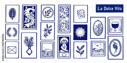 A collection of blue and white framed illustrations on a white background