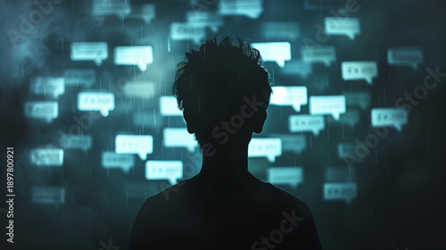 Cyberbullying concept, dark screen with harsh comment bubbles, faceless silhouette, digital social issue.