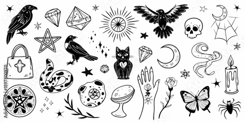 A collection of mystical and occult symbols including ravens crystals and celestial objects