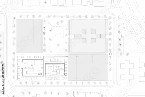 Architectural plan of a complex with buildings trees and surrounding pathways