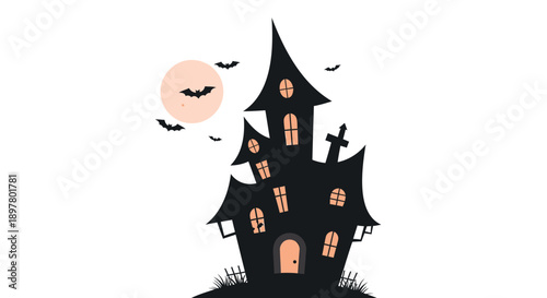Halloween haunted house vector illustration, spooky mansion with glowing orange windows, bats flying around full moon, for Halloween decoration or overlay effect
