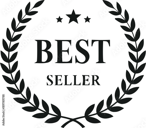 Best seller black vector illustration design on transparent background with elegant laurel wreath and stars