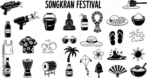Hand Drawn Songkran Festival Icon Set: Thai New Year Cultural Symbols  Objects in Black and White Line Art Style