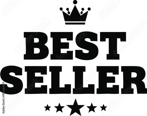Best seller black vector illustration design on transparent background with crown and multiple stars elements