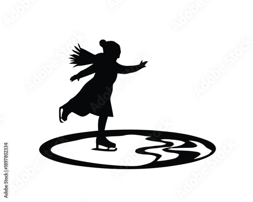 A graceful silhouette illustration of a female ice skater in elegant motion, embodying the beauty and athleticism of winter sports on a stylized frozen surface