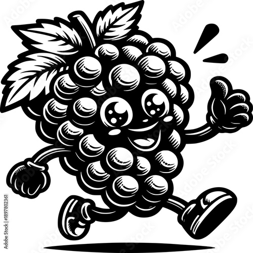 Joyful Grape Mascot: A cheerful grape character, with a smiling face and enthusiastic thumbs-up, is caught in a moment of playful energy, captured in a delightful cartoon style.
