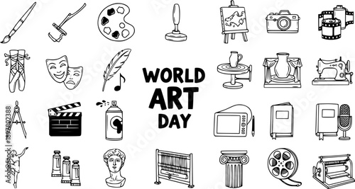 World Art Day Hand-Drawn Black and White Line Art Icons Set. Creative Tools, Hobbies, and Cultural Symbols Doodle Collection for Education.