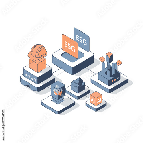 Isometric illustration of ESG concept with environmental, social, and governance elements.