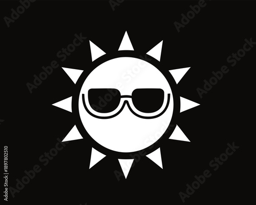 Minimalist graphic design of a radiant white sun character wearing sleek black sunglasses, set against a dark background, evoking feelings of summer fun, warmth, and a cool, laid-back vibe