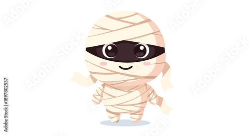 Cartoon mummy character with black eye mask and beige bandages, Halloween illustration for kids or kids' party, Isolated on transparent background, png