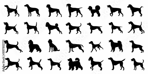 Collection of black silhouettes depicting various dog breeds in different poses
