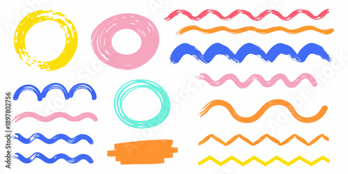 Colorful abstract shapes and wavy lines arranged in a grid pattern