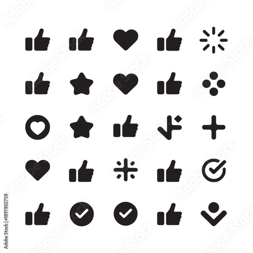 Collection of various black social media icons including likes hearts and stars