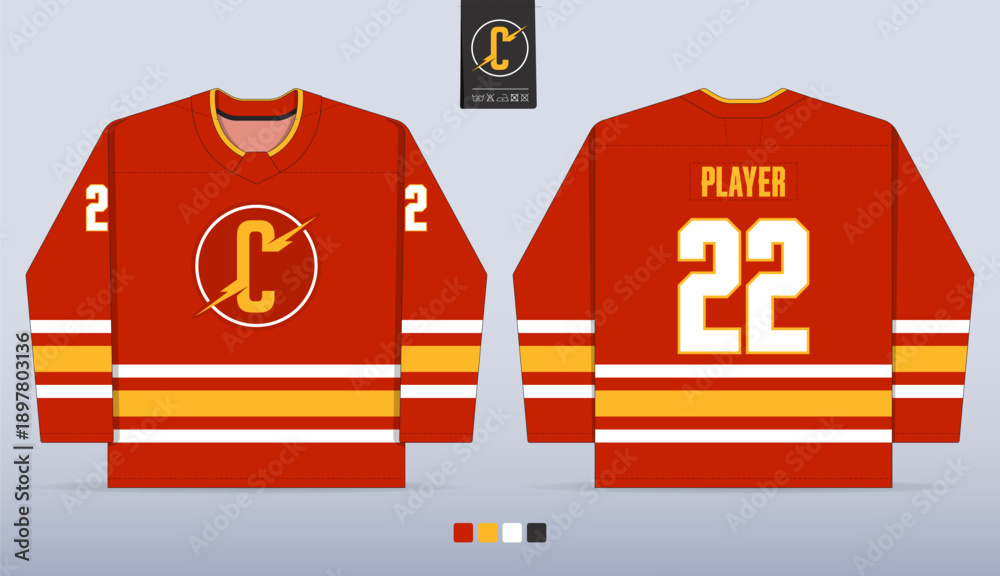 Fototapeta premium Red ice hockey jersey mockup template design. Front view, back view hockey uniform design. Vector Illustration