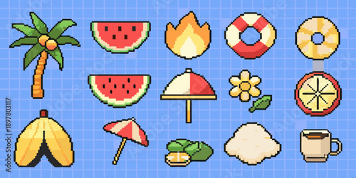 Colorful pixel art icons depicting summer themed objects and treats